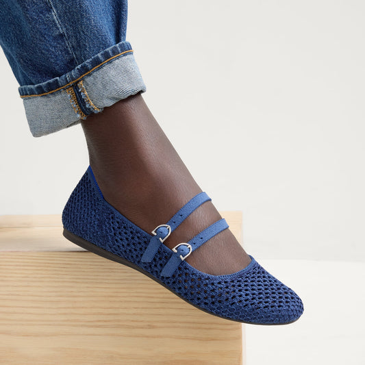 hover | Model wearing The Double Buckle Mary Jane in Blue Mesh.