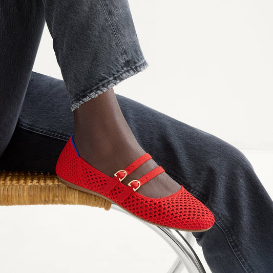 hover | Model wearing The Double Buckle Mary Jane in Bright Red Mesh.