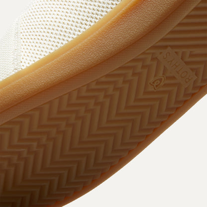 Close up of the outsoles of The RS01 Sneaker in Bone, with raised grooves for added traction.