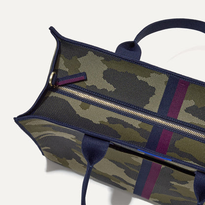 The Classic Tote in Spruce Camo, shown from above, with the top zipper closed.