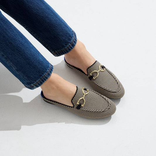 hover | Model wearing The Double Bit Loafer Mule in Classic Micro Check.