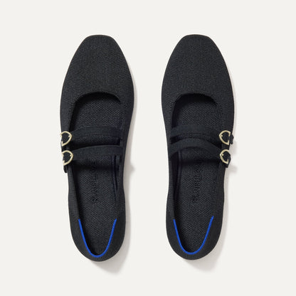 The Double Buckle Mary Jane in Black shown from the top.