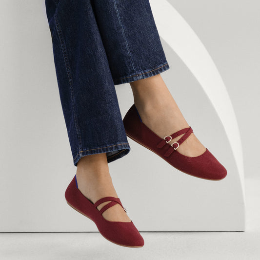 hover | Model wearing The Double Buckle Mary Jane in Cabernet.