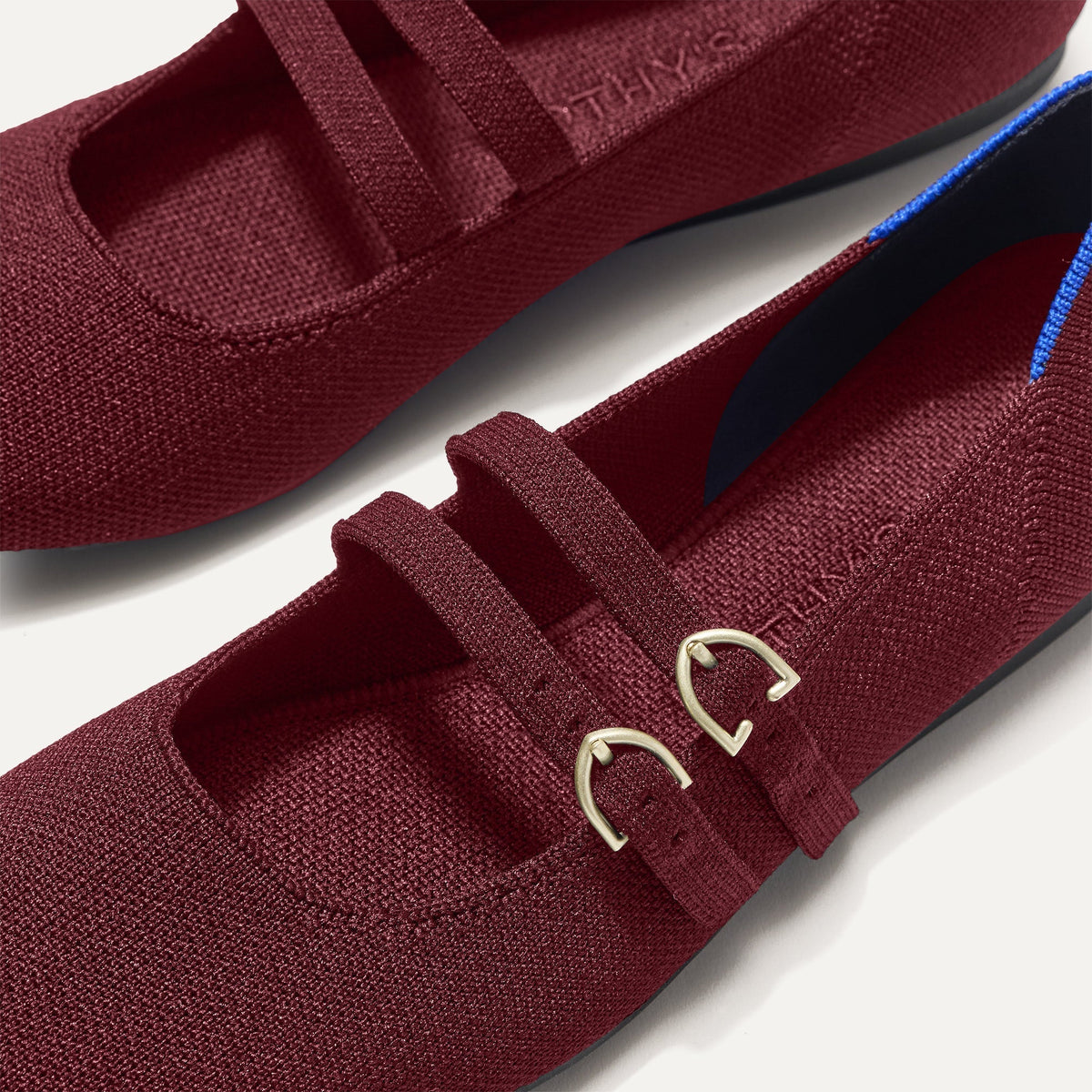 Close up of the buckle details of The Double Buckle Mary Jane in Cabernet.