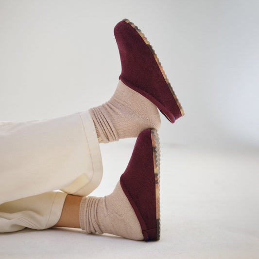 hover | Model wearing The Casual Clog in ReVelvet Syrah.