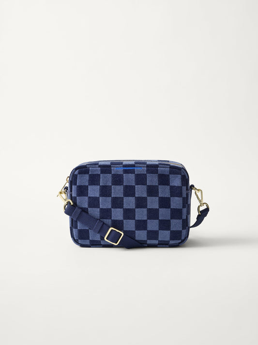 PLP | The Crossbody Camera Bag in ReVelvet™ Blue Ink, shown from the front.